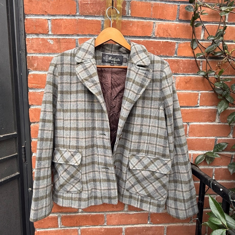 Vintage Blue Gray Green Plaid Wool Jacket 🌿